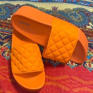 NEON ORANGE PLATFORM SLIDES Quilted “Puffer” Sandals